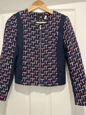H&M Navy, White & Red Tweed Zip Jacket